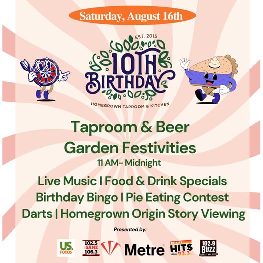 Aug 16th - Celebrate 10 Years of Homegrown Taproom & Kitchen This Saturday