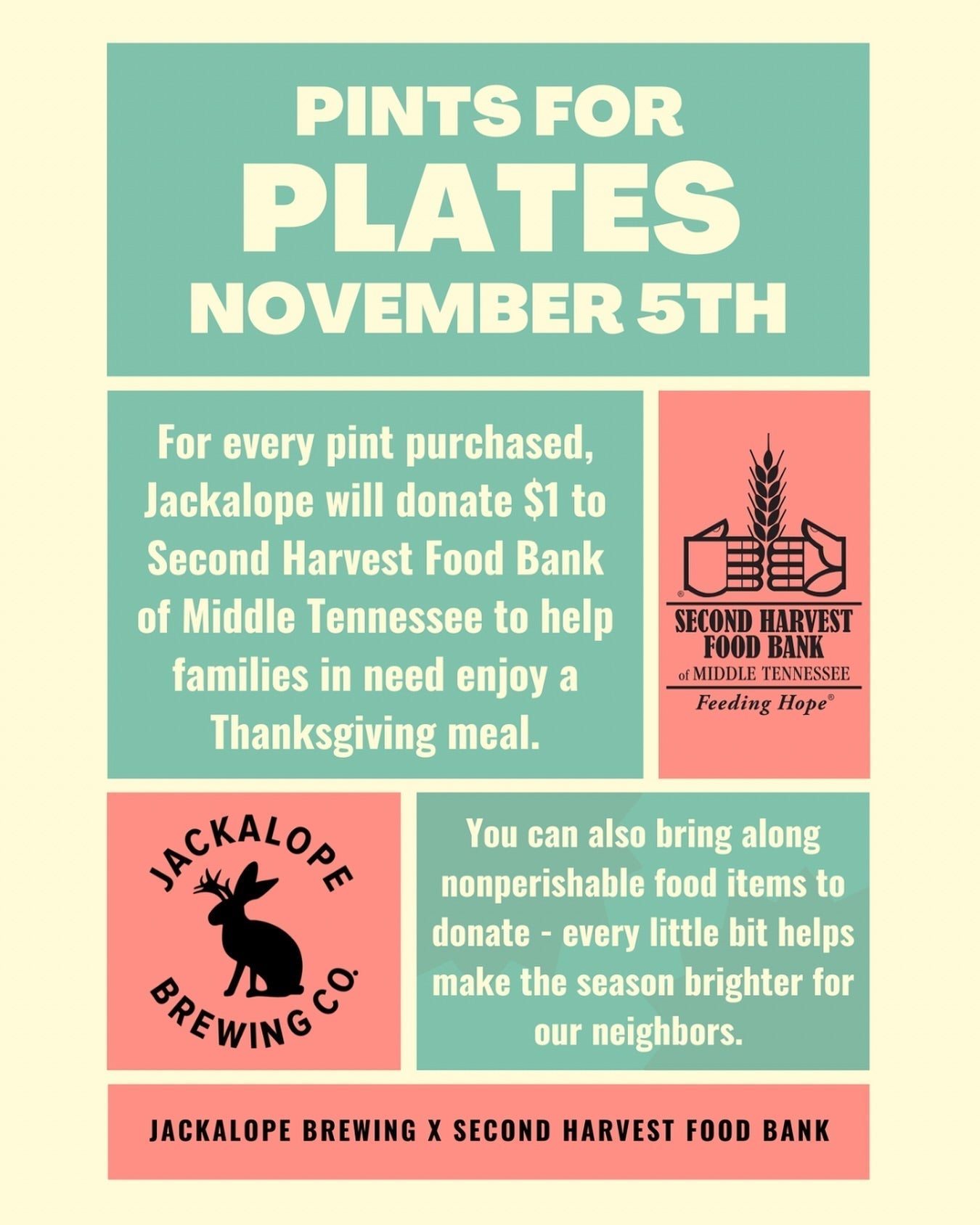 Nov 5 - Jackalope Brewing Hosts “Pints for Plates” to Support Second Harvest