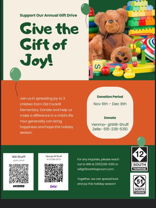 Nov 6–Dec 8,  12 South Taproom & Grill: Annual Holiday Gift Drive