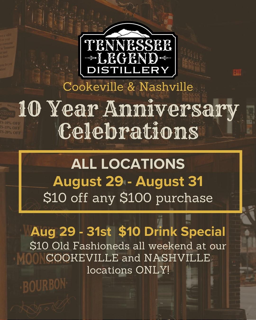 Aug 29–31, 2025 Tennessee Legend Distillery Celebrates 10 Years – Anniversary Events