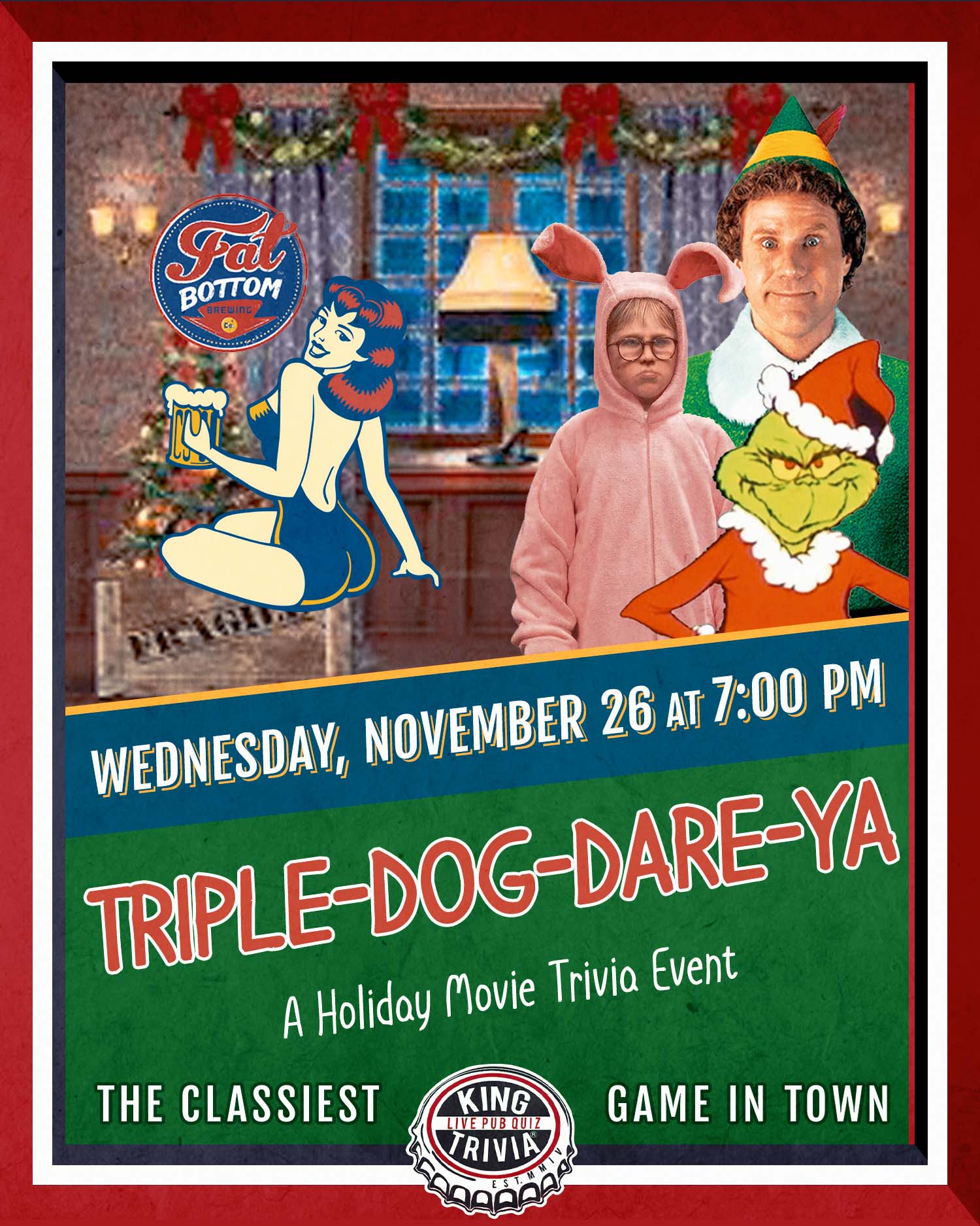Nov 26 Drinks-giving at Fat Bottom Brewing: Holiday Movie Trivia + Barrel-Aged Noel Sneak Peek